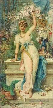 fille floral debout Hans Zatzka Peinture à l'huile